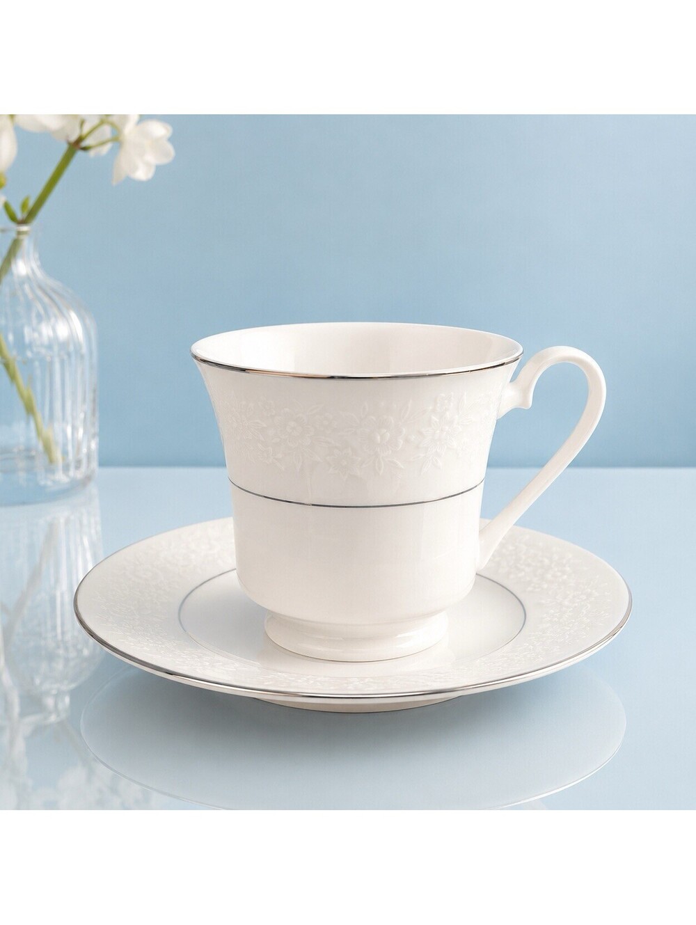 Dynasty Fine China 5 Cups & 3 Saucers Embossed Floral Platinum Trim Porcelain